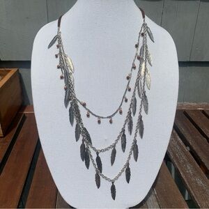 Western Bohemian Metallic Silver Feather Layered Necklace